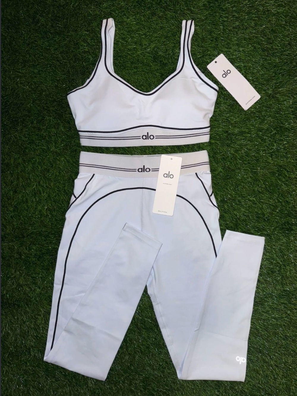 ALO Yoga White Legging and Sports Bra Set with Black Piping